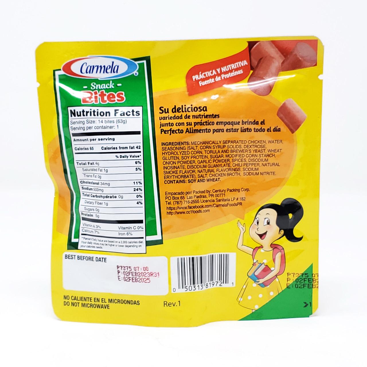 Parte posterior de un pouch Carmela Snack Bites; el recuadro rojo señala la primera línea del código impreso